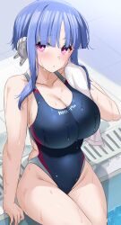 Rule 34 | 1girl, blue hair, blue one-piece swimsuit, blush, breasts, collarbone, competition swimsuit, highres, holding, holding towel, ilfa (to heart), kibihimi, large breasts, looking at viewer, one-piece swimsuit, pool, poolside, purple eyes, robot ears, short hair with long locks, sitting, soaking feet, solo, swimsuit, to heart (series), to heart 2, towel, towel on head, water, wet, wet clothes, wet swimsuit
