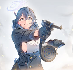 Rule 34 | 1girl, aiming, ako (blue archive), bell, blue archive, blue coat, blue hair, blue hairband, blue jacket, breasts, buttons, clipboard, coat, cowbell, daito, double-breasted, drum magazine, earrings, gloves, gun, hair between eyes, hairband, half gloves, halo, handgun, high-capacity magazine, holding, holding clipboard, holding gun, holding weapon, jacket, jewelry, luger p08, magazine (weapon), neck bell, red ribbon, ribbon, sideboob, smoke, snail drum, solo, upper body, weapon