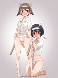 Rule 34 | 2girls, animal ears, bad id, bad pixiv id, black hair, blush, brave witches, breasts, brown eyes, brown hair, cameltoe, cleavage, dog ears, fundoshi, gradient background, grey background, groin, hair ornament, hairband, highres, japanese clothes, kneeling, large breasts, looking at viewer, miyafuji yoshika, multiple girls, navel, open mouth, rabbit ears, rabbit girl, red eyes, saliva, shimohara sadako, shiny skin, short hair, simple background, small breasts, smile, strike witches, sweat, vr46, world witches series, yuri