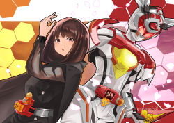 Rule 34 | absurdres, arm up, armor, bee, belt, black cape, black dress, bodysuit, brown eyes, brown hair, bug, cape, commentary, cropped legs, cycloneactionx, dress, dual persona, helmet, highres, holding, holding weapon, honeycomb (pattern), honeycomb background, insect, kamen rider, kamen rider aguilera, kamen rider revice, kunai, long sleeves, looking at viewer, natsuki hana (kamen rider revice), queen bee genome, red eyes, rider belt, short hair, tokusatsu, vistamp, weapon, weekendriver, white bodysuit