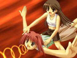 Rule 34 | 2girls, amanuma aoba, black shorts, breasts, brown eyes, brown hair, brown skirt, collarbone, flying, game cg, green shirt, hagure keg, hasunuma haruno, long hair, midriff, multiple girls, navel, open mouth, pointing, red background, red hair, riding, shirt, short hair, shorts, skirt, sleeveless, sleeveless shirt, small breasts, sound wave, tank top, trois, what, white shirt