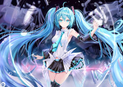 Rule 34 | 1girl, absurdly long hair, absurdres, age fx, aqua eyes, aqua hair, aqua necktie, black skirt, black sleeves, breasts, chinese commentary, commentary request, detached sleeves, grey shirt, hatsune miku, highres, long hair, long sleeves, looking at viewer, medium breasts, miniskirt, necktie, shirt, skirt, solo, twintails, very long hair, vocaloid