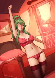 Rule 34 | 1girl, absurdres, arm up, arms up, bed, bed sheet, bedroom, blush, bra, breasts, choker, collarbone, curtains, deilan12, eyebrows, eyelashes, fire emblem, fire emblem awakening, fire emblem heroes, green eyes, green hair, hair between eyes, hair ribbon, highres, lace, lace-trimmed bra, lace-trimmed legwear, lace-trimmed panties, lace trim, large breasts, lingerie, lips, lipstick, long bangs, long hair, looking at viewer, makeup, navel, nintendo, nipples, one eye closed, open window, panties, parted bangs, parted lips, pillow, pointy ears, ponytail, red bra, red panties, red ribbon, red thighhighs, ribbon, smile, solo, solo focus, stretching, sunlight, teeth, thighhighs, thighs, tiki (fire emblem), tree, underwear, very long hair, wide hips, wind, window, wink