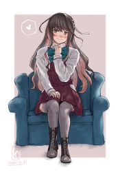 Rule 34 | 1girl, aqua bow, aqua bowtie, artist logo, black hair, blazer, boots, bow, bowtie, collared shirt, commentary request, couch, cross-laced footwear, dated, full body, grey thighhighs, hair down, hairband, halterneck, highres, jacket, kantai collection, lace-up boots, ld (luna dial398), long hair, looking at viewer, multicolored hair, naganami (kancolle), naganami kai ni (kancolle), shirt, sitting, smile, solo, thighhighs, two-tone hair, wavy hair, white hairband
