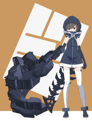Rule 34 | 32zzz, armored gloves, black dress, black gloves, black rock shooter, brown eyes, brown hair, covering own mouth, dress, elbow gloves, gauntlets, gloves, hair ornament, hairclip, high collar, highres, hood, mechanical tail, strength (black rock shooter), tail, thighhighs, white thighhighs, zipper