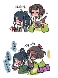 Rule 34 | ..., 2girls, black hair, body markings, bottle, brown hair, calligraphy brush, coat, commentary request, cup, drunk, fur-trimmed kimono, fur trim, green coat, green kimono, hair bun, hair over one eye, holding, holding cup, japanese clothes, kantai collection, kimono, kumano maru (kancolle), long hair, multicolored hair, multiple girls, multiple views, official alternate costume, paintbrush, ponytail, sakazuki, scarf, simple background, solid oval eyes, spoken ellipsis, terrajin, translation request, upper body, white background, white scarf, yamashio maru (kancolle)
