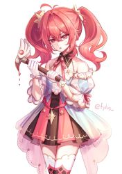 Rule 34 | 1boy, axe, bare shoulders, bow, bowtie, diluc (genshin impact), dress, fylus, genshin impact, gloves, hair between eyes, hair ornament, holding, long legs, open mouth, red eyes, red hair, skirt, trap, twintails, twitter username, white background, white gloves