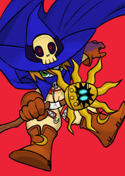 Rule 34 | absurdres, cape, crescent moon, digimon, green eyes, hat, highres, moon, skull, staff, wizard, wizard hat, wizarmon