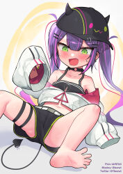 Rule 34 | 1girl, absurdres, aged down, barefoot, black camisole, black choker, black headwear, black shorts, blush, camisole, choker, collarbone, commentary request, demon tail, ear piercing, fang, feet, flat chest, green eyes, green nails, halterneck, highres, hololive, jacket, korean commentary, leonat, misskey.io username, mixed-language commentary, multicolored nails, nail polish, open mouth, piercing, pixiv id, purple hair, purple nails, short shorts, shorts, sitting, sleeves past fingers, sleeves past wrists, soles, solo, tail, tail ornament, tail piercing, thigh strap, toes, tokoyami towa, tokoyami towa (1st costume), twintails, twitter username, variant set, virtual youtuber, white jacket