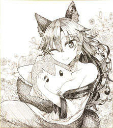 Rule 34 | 1girl, animal ears, breasts, brooch, character doll, cleavage, closed mouth, commentary request, cowboy shot, dress, flower, fluff, graphite (medium), greyscale, hair between eyes, hatching (texture), highres, imaizumi kagerou, jewelry, ke-su, large breasts, long hair, long sleeves, looking at viewer, monochrome, off-shoulder dress, off shoulder, one eye closed, sekibanki, shikishi, smile, solo, tail, touhou, traditional media, wolf ears, wolf girl, wolf tail
