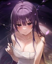 Rule 34 | 1girl, absurdres, bare arms, bare shoulders, blush, branch, breasts, chaerom, cleavage, closed mouth, collarbone, falling petals, genshin impact, hair intakes, highres, holding, large breasts, light particles, long hair, looking at viewer, mole, mole under eye, naked towel, petals, purple hair, raiden shogun, ripples, sidelocks, solo, towel, upper body, water, wet, white towel