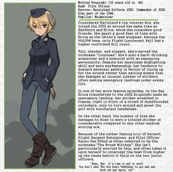 Rule 34 | 10s, 1girl, animal ears, blonde hair, boots, brave witches, character profile, english text, hat, jacket, pantyhose, shimada fumikane, solo, strike witches, tail, waltrud krupinski, world witches series