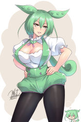 Rule 34 | 1girl, :3, breasts, cleavage, cowboy shot, green hair, hands on own hips, imagining, kirisaki byakko, large breasts, long hair, aged up, open mouth, puffy short sleeves, puffy sleeves, short sleeves, signature, standing, twitter username, voicevox, yellow eyes, zundamon