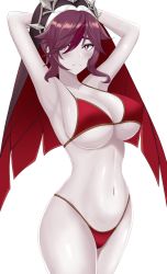 Rule 34 | 1girl, armpits, arms up, bikini, blush, breasts, cleavage, closed mouth, collarbone, cowboy shot, genshin impact, highres, large breasts, looking at viewer, multicolored hair, navel, purple eyes, purple hair, purple headwear, red bikini, rosaria (genshin impact), simple background, solo, standing, streaked hair, swimsuit, underboob, veil, vik (xypt7474), white background