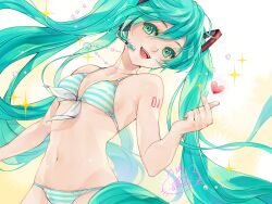Rule 34 | 1girl, aqua hair, bare shoulders, bikini, blue eyes, breasts, collarbone, commentary, commission, dated, english commentary, finger heart, floating hair, front-tie bikini top, front-tie top, hair between eyes, hair ornament, hatsune miku, headset, heart, highres, jewelry, long hair, looking at viewer, navel, necklace, number tattoo, open mouth, qoo1234, shoulder tattoo, signature, small breasts, solo, sparkle, stomach, striped bikini, striped clothes, swimsuit, tattoo, twitter username, upper body, very long hair, vocaloid