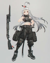 Rule 34 | 1girl, armband, bayonet, belt, belt pouch, boots, buckle, facial mark, feathers, full body, gloves, grey background, grin, gun, hand on own hip, headset, highres, knee pads, long hair, midriff, miv4t, original, pouch, red eyes, shotgun, silver hair, smile, snap-fit buckle, solo, thigh pouch, watch, weapon, wristwatch