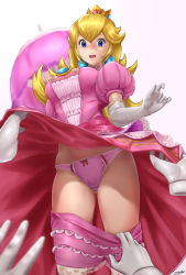 Rule 34 | 1girl, blonde hair, blush, bow, bow panties, clothes pull, disembodied hands, dress, embarrassed, highres, mario (series), master hand, nintendo, panties, pants, pants pull, parasol, pink dress, pink panties, princess, princess peach, super mario bros. 1, super smash bros., tears, umbrella, underwear, upskirt
