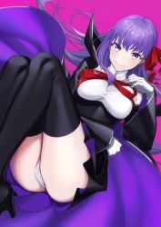 Rule 34 | 1girl, ass, bad id, bad twitter id, bb (fate), bb (fate/extra), black coat, black thighhighs, blush, breasts, closed mouth, coat, fate/extra, fate/extra ccc, fate (series), gloves, hair ribbon, high-waist skirt, highres, knees up, kuen (kuennn12), large breasts, legs, leotard, long hair, long sleeves, looking at viewer, neck ribbon, open clothes, open coat, popped collar, purple background, purple eyes, purple hair, red ribbon, ribbon, skirt, smile, solo, thighhighs, very long hair, white gloves, white leotard, wide sleeves