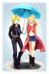 Rule 34 | 1boy, 1girl, ahoge, belt, black shirt, blonde hair, blouse, blue background, blue umbrella, blush, boots, borrowed clothes, braid, braided ponytail, closed eyes, coat, covered mouth, covering own mouth, edward elric, framed, frown, full body, fullmetal alchemist, gloves, hand in pocket, hand over own mouth, hands on own face, holding, holding umbrella, jacket, long hair, looking at another, miniskirt, open mouth, own hands together, pants, pocket watch, ponytail, rain, shirt, simple background, single braid, skirt, sneezing, socks, standing, sweatdrop, tsukuda0310, umbrella, walking, watch, white legwear, white shirt, winry rockbell, yellow eyes