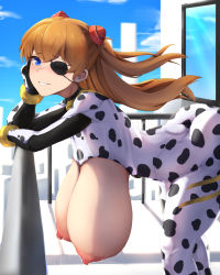 Rule 34 | 1girl, alternate breast size, animal print, ass, bent over, blue eyes, blush, breastless clothes, breasts, breasts out, brown hair, cow print, dantes ward, evangelion: 3.0 you can (not) redo, eyepatch, gigantic breasts, hanging breasts, highres, lactation, long hair, looking at viewer, looking to the side, neon genesis evangelion, nipples, no bra, outdoors, parted lips, rebuild of evangelion, revealing clothes, smile, solo, souryuu asuka langley
