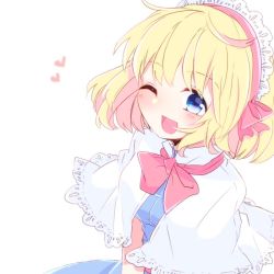 Rule 34 | 1girl, alice margatroid, aoi (annbi), blonde hair, blue dress, blue eyes, breasts, capelet, commentary request, dress, frilled hairband, frills, hairband, heart, medium breasts, medium hair, one eye closed, open mouth, pink hairband, pink ribbon, ribbon, simple background, smile, solo, touhou, upper body, white background, white capelet