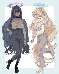 2girls alternate_costume asuna_(blue_archive) black_hair blue_archive blue_eyes breasts casual contemporary dark-skinned_female dark_skin hair_over_one_eye halo highres karin_(blue_archive) large_breasts long_hair multiple_girls paddy_field pants shirt yellow_eyes