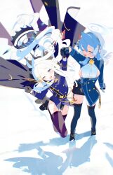 2girls absurdres ako_(blue_archive) bell belt black_belt black_horns blazer blue_archive blue_collar blue_eyes blue_hair blue_hairband blue_halo bm_tol boots breasts coat coat_on_shoulders collar cowbell cuffs demon_girl demon_horns demon_wings forehead garter_straps gloves grey_hair hair_ornament hairband halo highres hina_(blue_archive) holding_hands holster horns jacket jumping long_coat multiple_girls neck_bell open_mouth parted_bangs prefect_team_(blue_archive) purple_eyes shackles sideboob sideless_dress sideless_outfit sideless_shirt smile snow thighhighs wings