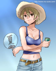 Rule 34 | 1girl, belt, breast hold, breasts, brown eyes, can, cleavage, crossed arms, hand fan, hat, large breasts, light brown hair, mattaku mousuke, midriff, navel, original, paper fan, short hair, smile, solo, sun hat, sweat, tank top, uchiwa