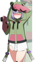 Rule 34 | 1girl, absurdres, blush, blush stickers, closed mouth, commission, eien project, eyes visible through hair, frog, green eyes, highres, hood, hoodie, knee up, knees up, looking at viewer, purple hair, shirt, short hair, silhouette, simple background, skirt, sleeves past wrists, sweat, sweatdrop, thighs, virtual youtuber, zumi dokumi
