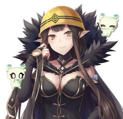 Rule 34 | 1girl, black hair, breasts, bridal gauntlets, dress, fate/apocrypha, fate/grand order, fate (series), fur trim, helmet, highres, con (fate), large breasts, long hair, pointy ears, semiramis (fate), sleeveless, sleeveless dress, smile, solo, yellow eyes