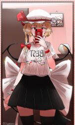 Rule 34 | 2girls, absurdres, black skirt, blonde hair, blurry, bonnet, bow, bowtie, bra, cellphone, chadntartist, closet, clothes writing, crystal, drawer, drawing (object), english text, fingernails, fish, fishbowl, flandre scarlet, frills, goldfish, hair ribbon, hat, hat ribbon, heart, highres, holding, holding phone, holding polearm, holding weapon, jewelry, laevatein (touhou), light smile, looking at mirror, mirror, mirrored text, mob cap, multiple girls, nail polish, phone, picture frame, pleated skirt, polearm, red bow, red bowtie, red eyes, red ribbon, remilia scarlet, ribbon, ring, see-through, self-upload, selfie, semi-transparent, shirt, skirt, smartphone, smile, spear, t-shirt, thighhighs, thighs, touhou, twitter username, underwear, weapon, white bow, white shirt, wings