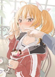 Rule 34 | 1boy, 1girl, ahoge, blonde hair, blue archive, blush, brown eyes, collarbone, cream, cream on face, eating, fingers on another&#039;s face, food, food on face, fruit, hair ribbon, highres, holding, holding spoon, jacket, lips, long sleeves, parfait, red jacket, ribbon, solo focus, spoon, strawberry, track jacket, tsukana (saba mizore), twintails, white ribbon, window, yoshimi (blue archive)