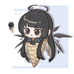Rule 34 | 1girl, :3, arknights, ascot, black ascot, black eyes, black gloves, black hair, black halo, black wings, blunt bangs, blush, broken halo, chibi, chinese commentary, commentary request, dark halo, detached wings, energy wings, food, full body, gloves, halo, highres, hime cut, holding, holding ice cream cone, ice cream, ice cream cone, long hair, longqi, mole, mole under eye, outside border, sidelocks, simple background, smile, solo, variant set, very long hair, virtuosa (arknights), white background, wings