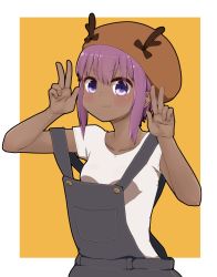 Rule 34 | 1girl, :3, antlers, beret, blush, breasts, brown hat, closed mouth, collarbone, dark-skinned female, dark skin, double w, fake antlers, fate/prototype, fate/prototype: fragments of blue and silver, fate (series), hair between eyes, hands up, hassan of serenity (fate), hat, highres, horns, i.u.y, looking at viewer, orange background, overalls, purple eyes, purple hair, reindeer antlers, shirt, short sleeves, sidelocks, small breasts, solo, two-tone background, v-shaped eyebrows, w, white background, white shirt