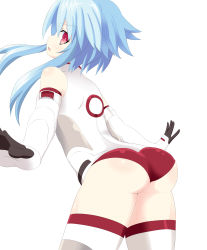 Rule 34 | 10s, 1girl, artist request, ass, ass focus, bare shoulders, blanc (neptunia), blue hair, blush, bodysuit, elbow gloves, from behind, gloves, highres, huge ass, leaning, leaning forward, looking at viewer, looking back, neptune (series), open mouth, red eyes, shiny skin, short hair with long locks, sidelocks, solo, symbol-shaped pupils, thighhighs, white heart (neptune)