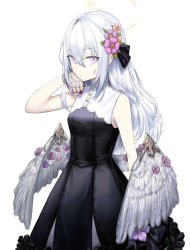 Rule 34 | 1girl, absurdres, aimpoleume, azusa (blue archive), bare arms, black dress, blood, blue archive, closed mouth, cowboy shot, dress, feathered wings, flower, gloves, grey gloves, hair between eyes, hair flower, hair ornament, halo, hand on own chin, hand up, highres, long hair, looking at viewer, pink flower, pink hair, purple flower, simple background, sleeveless, sleeveless dress, solo, white background, white hair, wing ornament, wings