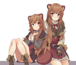 Rule 34 | 2girls, absurdres, animal ears, armor, ass, belt, blush, boots, breasts, brown footwear, brown gloves, brown hair, closed mouth, collar, commentary, convenient leg, cuffs, dual persona, frilled skirt, frills, gloves, grey shirt, handcuffs, hands up, highres, kaosu kun, knees together feet apart, knees up, large breasts, leaning on person, long hair, long sleeves, looking at viewer, miniskirt, multiple girls, neck ribbon, no socks, own hands together, purple eyes, raccoon ears, raccoon girl, raccoon tail, raphtalia, red neckwear, ribbed shirt, ribbon, shirt, sidelocks, simple background, sitting, skirt, sleeves past wrists, smile, tail, tate no yuusha no nariagari, thighs, white background, white shirt, white skirt