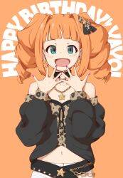 Rule 34 | 1girl, 39degrees, :d, bare shoulders, black shirt, blue eyes, blush, bow, choker, commentary request, drill hair, earrings, hair bow, hair ornament, hands up, happy, happy birthday, highres, idolmaster, jewelry, looking at viewer, medium hair, midriff, navel, necklace, o-ring, o-ring choker, off-shoulder shirt, off shoulder, open mouth, orange hair, pink nails, shirt, smile, solo, star (symbol), star earrings, star hair ornament, star necklace, takatsuki yayoi, twin drills, upper body