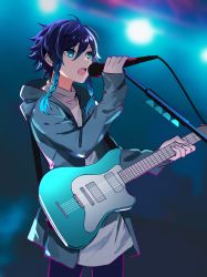 Rule 34 | 1boy, alternate costume, androgynous, black hair, blue hair, blurry, blurry background, braid, genshin impact, gradient hair, green eyes, guitar, highres, holding, holding instrument, holding microphone, hood, hood down, instrument, jacket, long sleeves, male focus, microphone, microphone cord, microphone stand, multicolored hair, open mouth, rome romedo, shirt, short hair with long locks, solo, twin braids, venti (genshin impact), white shirt