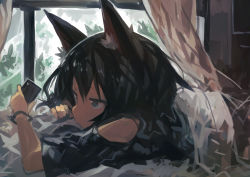 Rule 34 | 1girl, absurdres, animal ears, black hair, bored, bracelet, cellphone, curtains, female focus, from side, highres, indoors, jewelry, jitome, kaamin (mariarose753), lying, on bed, on stomach, original, phone, short hair, smartphone, solo, window