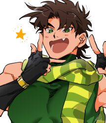 Rule 34 | 1boy, bare shoulders, battle tendency, brown hair, carota327, fang, fingerless gloves, gloves, green eyes, green scarf, highres, jojo no kimyou na bouken, joseph joestar, joseph joestar (young), large pectorals, male focus, multicolored clothes, multicolored scarf, pectorals, scarf, sleeveless, sleeveless turtleneck, solo, star (symbol), striped clothes, striped scarf, turtleneck, vertical-striped clothes, vertical-striped scarf, yellow scarf