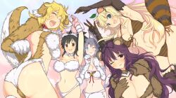 Rule 34 | 5girls, :3, :d, ^ ^, animal collar, animal ear fluff, animal ears, animal hands, armpits, arms up, ass, asuka (senran kagura), bare shoulders, bear paws, bell, bikini, black hair, black ribbon, blonde hair, blue background, blue eyes, blunt bangs, blush, body fur, breast suppress, breasts, brown bikini, brown eyes, brown fur, cat ears, cat girl, cat paws, cat tail, chest bow, claws, cleavage, closed eyes, collar, collarbone, dog ears, dog girl, dog paws, dog tail, floppy ears, front-tie bikini top, front-tie top, fur-trimmed gloves, fur bikini, fur collar, fur gloves, fur thighhighs, fur trim, gloves, gradient background, green eyes, grey hair, groin, hair between eyes, hair ornament, hairclip, highres, huge breasts, jingle bell, kemonomimi mode, large breasts, leaf, leaf on head, linea alba, long hair, looking at viewer, messy hair, multiple girls, murasaki (senran kagura), navel, official alternate costume, official art, one eye closed, open mouth, parted lips, pink background, ponytail, purple eyes, purple hair, rabbit ears, rabbit girl, rabbit tail, raccoon ears, raccoon girl, raccoon tail, red collar, red ribbon, ribbon, ryouna (senran kagura), senran kagura, senran kagura peach ball, senran kagura shinovi versus, senran kagura shoujo-tachi no shin&#039;ei, shiny skin, short hair, short ponytail, shoulder blades, side-tie bikini bottom, sidelocks, smile, standing, striped bikini, striped clothes, striped tail, swimsuit, tail, tanuki, teeth, thighhighs, tongue, two-tone bikini, underboob, upper teeth only, very long hair, w, white fur, yaegashi nan, yomi (senran kagura), yumi (senran kagura)