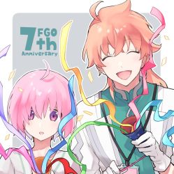 Rule 34 | 1boy, 1girl, :o, ^ ^, aged down, ahoge, amtntbr, text background, blush, chaldea uniform, child, closed eyes, commentary request, confetti, fate/grand order, fate (series), gloves, happy, holding, holding party popper, lab coat, light purple hair, long hair, long sleeves, looking at viewer, mash kyrielight, multicolored background, open mouth, orange hair, party popper, ponytail, purple eyes, purple hair, romani archaman, short hair, smile, two-tone background, upper body, white gloves