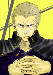 Rule 34 | 1boy, absurdres, atlus, bad id, bad pixiv id, blonde hair, bullet, cracking knuckles, ear piercing, ebi-g, highres, jacket, jacket on shoulders, jewelry, looking at viewer, male focus, necklace, nose piercing, persona, persona 4, piercing, scar, short hair, solo, tatsumi kanji