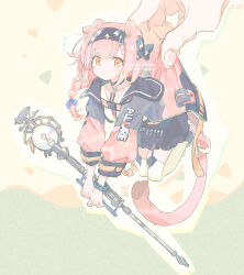 Rule 34 | 1girl, 1other, animal ears, arknights, black hairband, black jacket, black skirt, blue bow, bow, braid, cat ears, cat girl, cat tail, closed mouth, flying sweatdrops, frilled skirt, frills, goldenglow (arknights), hair bow, hairband, holding, holding staff, jacket, kinutani yutaka, lightning bolt print, long sleeves, looking at viewer, open clothes, open jacket, orange eyes, orb, outline, pink footwear, print hairband, puffy long sleeves, puffy sleeves, shirt, shoes, single braid, skirt, staff, tail, thighhighs, white outline, white shirt, white thighhighs