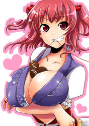 Rule 34 | 1girl, bad id, bad pixiv id, between breasts, breast hold, breast lift, breasts, chocolate, female focus, grin, hair bobbles, hair ornament, heart, huge breasts, large breasts, mouth hold, onozuka komachi, pink eyes, pink hair, pochi (pochi-goya), red eyes, red hair, short hair, short twintails, smile, solo, string, string of fate, touhou, twintails, two side up, upper body, valentine