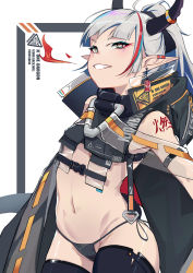 + +, 1girl, absurdres, arm strap, bangs, bare shoulders, black cloak, black legwear, black panties, black ribbon, blue eyes, blue hair, blunt bangs, breasts, chinese commentary, cloak, commentary request, cowboy shot, dragon girl, dragon horns, dragon tail, ear covers, earrings, fire, grin, groin, hair ribbon, highres, hood, hood down, hooded cloak, horns, jewelry, long hair, looking at viewer, multicolored, multicolored eyes, multicolored hair, navel, original, panties, pointy ears, ponytail, red eyes, red hair, revealing clothes, ribbon, shoulder tattoo, side-tie panties, sidelocks, small breasts, smile, snap-fit buckle, solo, standing, stomach, streaked hair, tail, tattoo, teeth, thighhighs, underwear, white background, white hair, xiukukkii