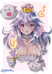 Rule 34 | 1girl, blush, boo (mario), breasts, candle, cleavage, closed mouth, crown, earrings, fire, hair between eyes, hayata aya, jewelry, large breasts, long hair, looking at viewer, luigi&#039;s mansion, mario (series), new super mario bros. u deluxe, nintendo, pink eyes, princess king boo, silver hair, smile, solo, super crown, tongue, tongue out, twitter username, upper body, v-shaped eyebrows