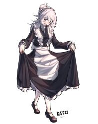 Rule 34 | 1girl, absurdres, alternate costume, apron, arknights, black dress, black footwear, blush, commentary request, curtsey, dated, dress, enmaided, gaoling gangqin, grey eyes, highres, long hair, looking at viewer, maid, maid apron, maid headdress, mulberry (arknights), open mouth, pantyhose, solo, very long hair, white hair, white pantyhose