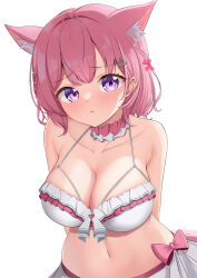 Rule 34 | 1girl, 9696k, :t, absurdres, animal ears, antenna hair, arms behind back, bare shoulders, bikini, blush, bow, braid, breasts, choker, cleavage, closed mouth, collarbone, extra ears, frilled bikini, frilled choker, frills, hair ornament, hair ribbon, hakui koyori, hakui koyori (summer), highres, hololive, large breasts, looking at viewer, medium hair, navel, pink bow, pink choker, pink hair, pink ribbon, pout, ribbon, simple background, solo, stomach, swimsuit, two-tone choker, virtual youtuber, white background, white bikini, white choker, wolf ears, wolf girl